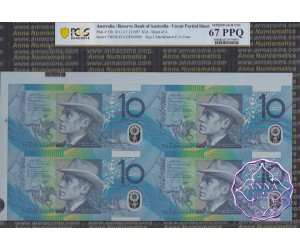 1997 $10 U21 Macfarlane/Evans Uncut of 4 Red PCGS 67 PPQ