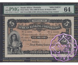 South Africa 189x Five Pounds Specimen PMG 64