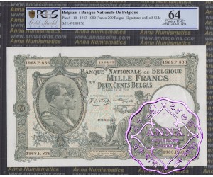 Belgium 1943 1000 Francs-200 Belgas PCGS 64