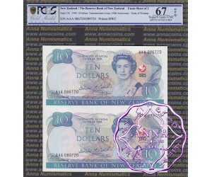 New Zealand 1990 D.T.Brash AAA$10 Uncut of 2 PCGS 67 OPQ