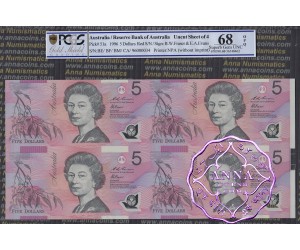 1996 $5 U14 Fraser/Evans Uncut of 4 Red PCGS 68 OPQ