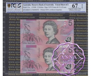 1996 $5 U18 Fraser/Evans Uncut of 2 PCGS 67 OPQ