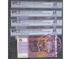 1990 $5 R212 Fraser/Higgins Pair X 2 UNC 999935 &36 PCGS 65 OPQ