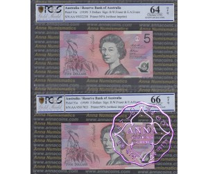 1995 $5 AA95 Fraser/Evans Black & Red Opt PCGS 64-66 OPQ
