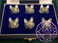 Set of 6 sterling Sliver Novelty Fox Head Card Holders With Case
