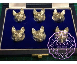 Set of 6 sterling Sliver Novelty Fox Head Card Holders With Case